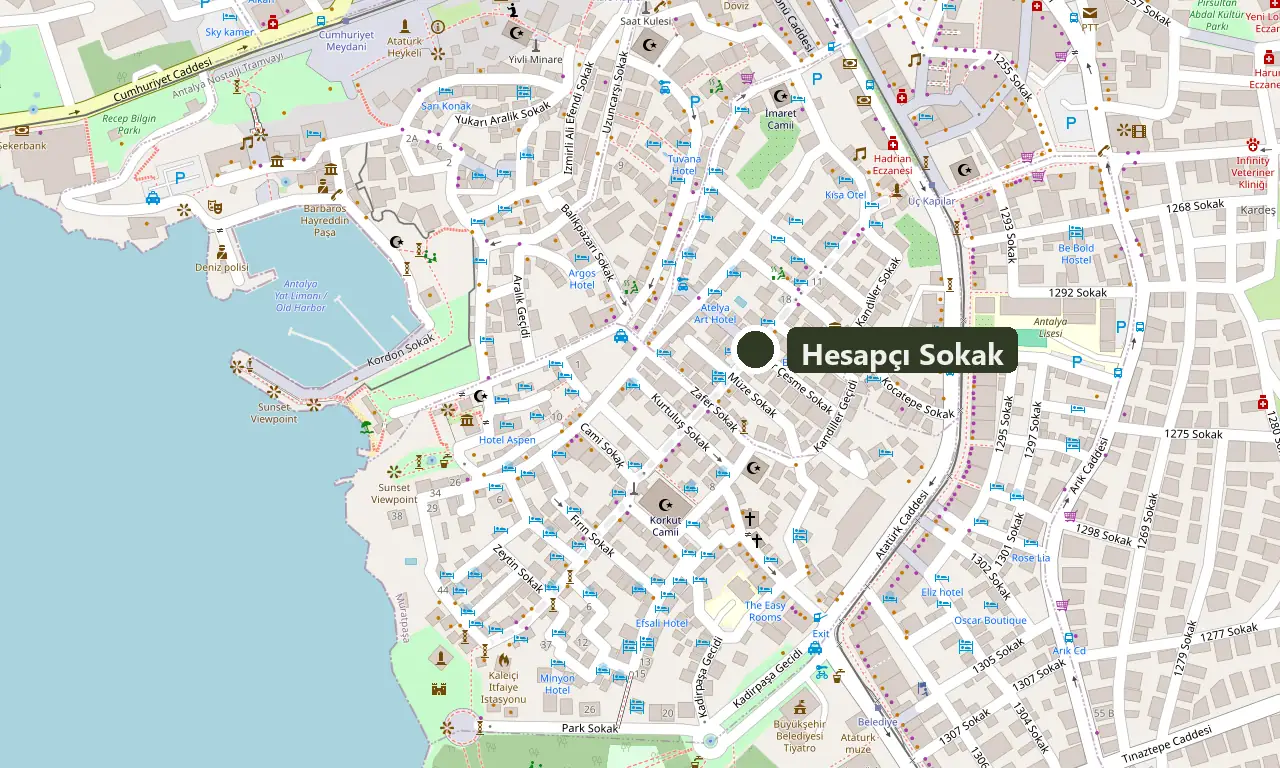 Street map of Kaleiçi: the old harbour on the left, the clock tower at the top, and a green dot on Hesapçı Sokak